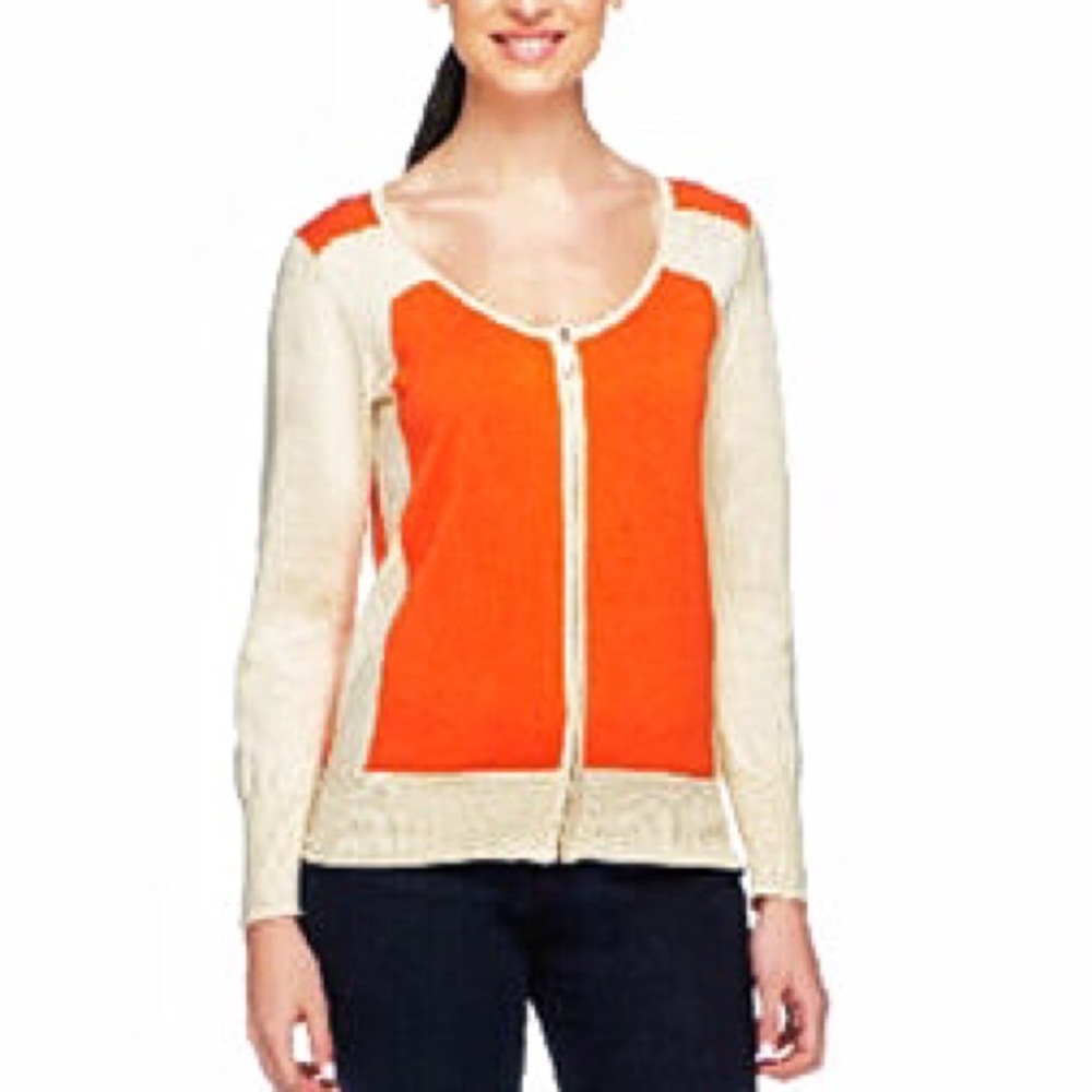 Orange & Beige ColorBlock Zip Cardigan